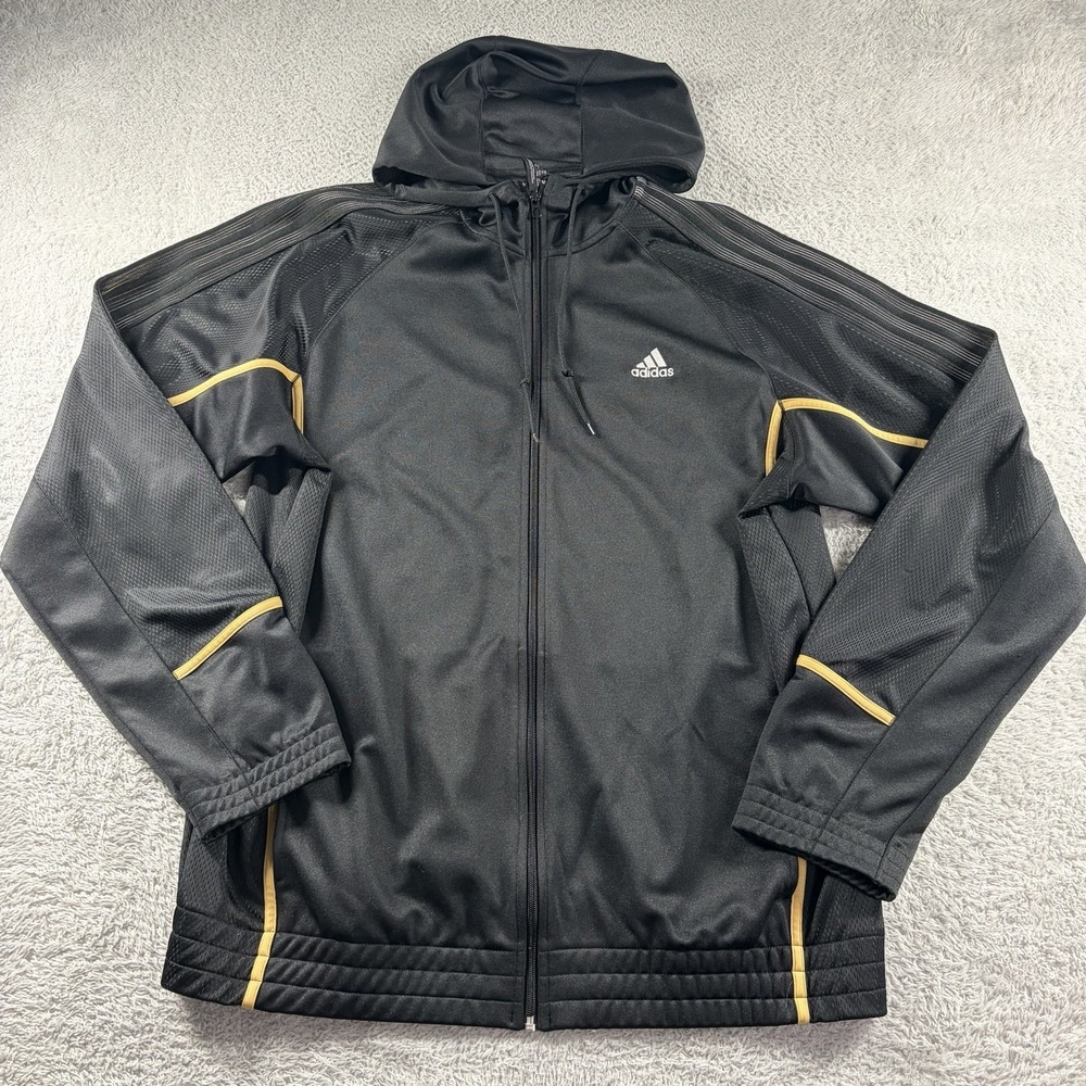 Adidas Track Jacket Mens XL Tall Full Zip Hooded Black Gold Sweater